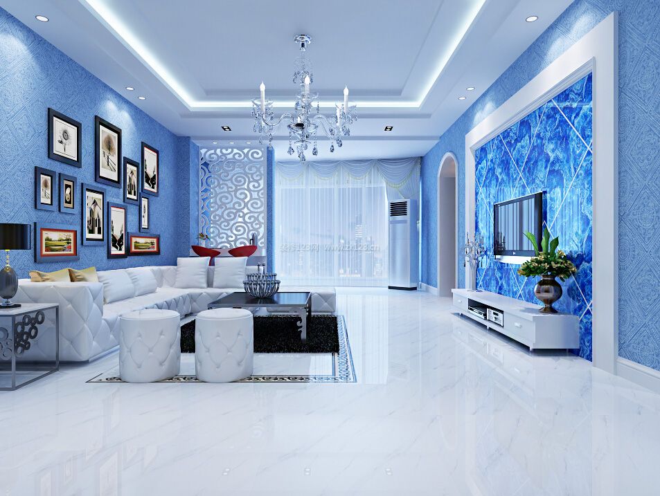 客厅蓝色墙面装修效果图_客厅装修效果图地砖_客厅图
