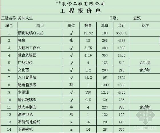 福建某装饰公司7份装修报价表