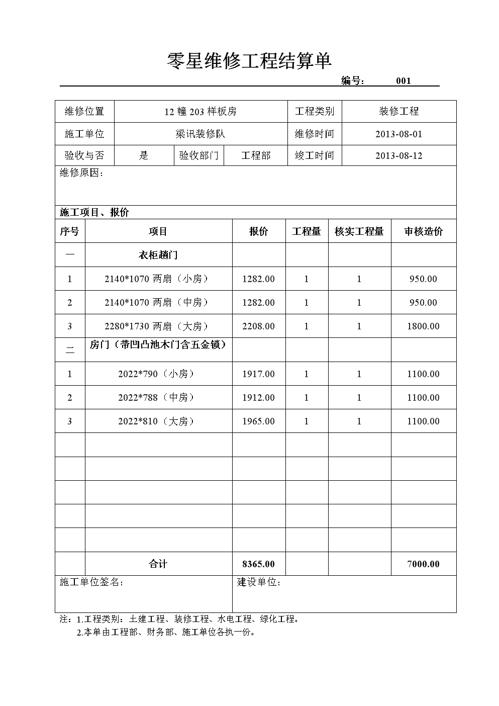 装饰竣工资料_装修竣工报告_装饰装修竣工结算单