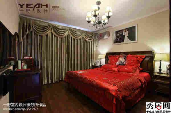 新婚卧室香槟色窗帘造型设计图 中式古典卧室深褐色实木床装修效果图