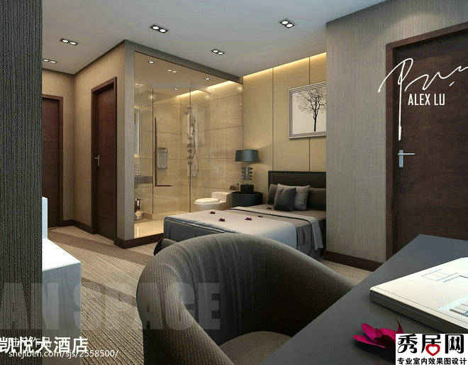 酒店商慰室内卫生间透莽墙装修效果图 卧室玻璃墙覆装实木踢脚线设计案例