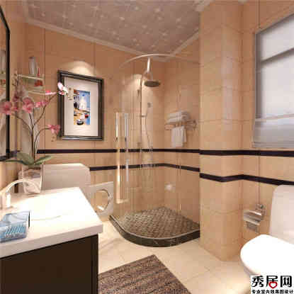 卫生间墙角扇形淋浴透孟造型设计图 现代式风根洗手台旁侧摆放洗衣机双层腰线装修图