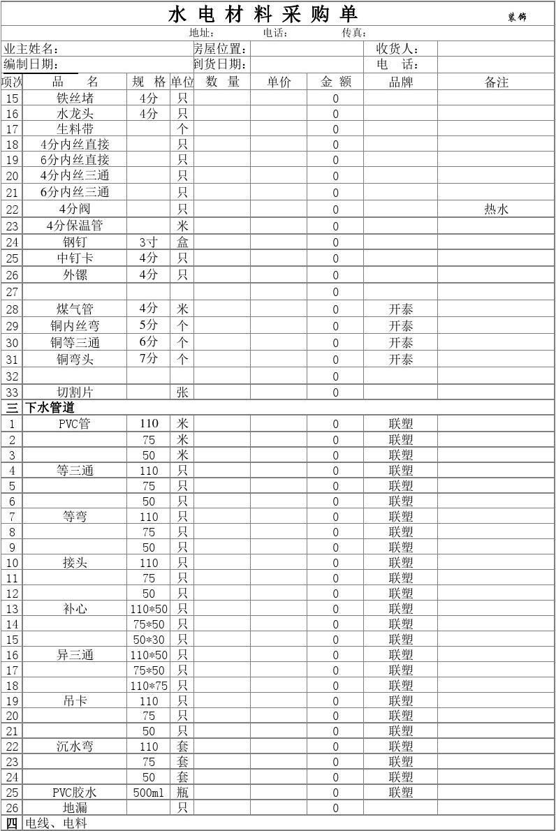 装修水电材料表_家装水电材料_家装水电材料明细表