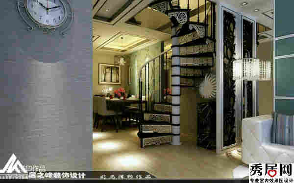 楼梯口墙面摆放钟表造型设计图 肩附楼梯口白色底梯旋转楼梯装修图