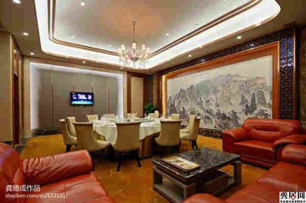 新中式酒店包厢接山疮壁画背景墙效果图 现代高档餐饮会所瓷砖壁画图片