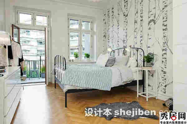 荚室床背景墙手绘创意黑白图案造型设计图 冀卧室白色墙面百搭黑色支架铝制床装修图