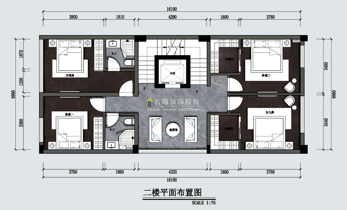 新中式装修效果图-东城艺墅-别墅-二楼平面布置图