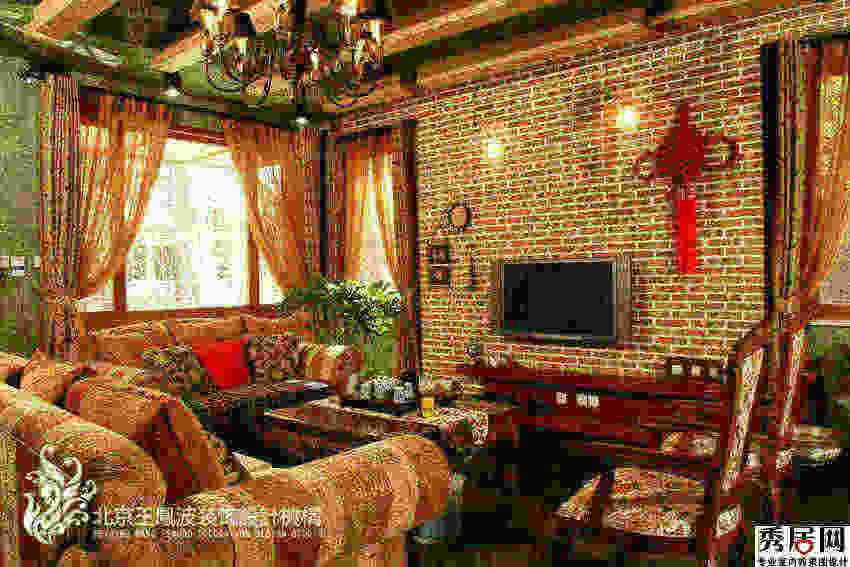 中式家装文化砖电视背景墙装修效果图 室内复古砖奇设计图片