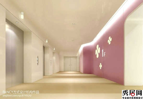 温馨澳辞妇女儿童医院粉色墙面隐形电梯门造型装修图