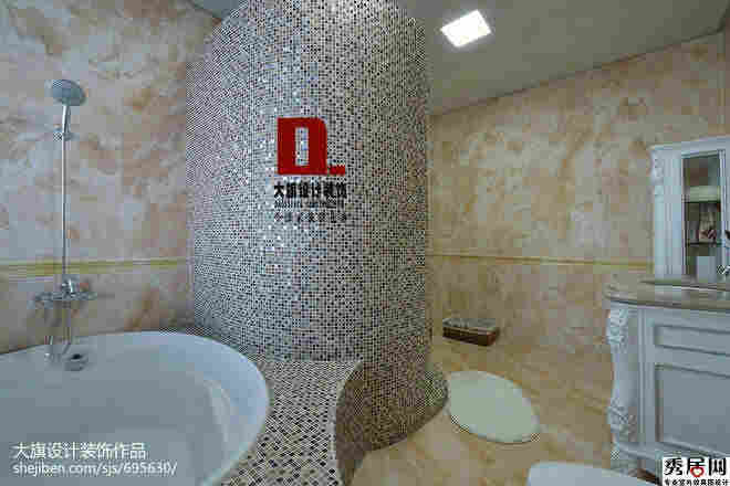 卫生间马赛克瓷砖包柱子装修效果图 浴室时尚拼色玻璃马赛克近柱子设计图