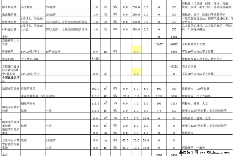 新房基础装修报价表