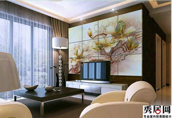 客厅3d电视背景墙艺失设计图 中式手绘3d莲花电视背景墙装修效果图