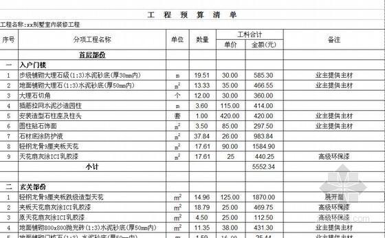 别墅室内装修工程清单报价