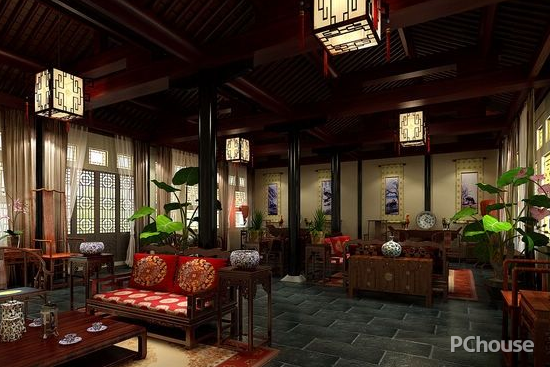 四合院厅装修效果图片_2室1厅1卫楼房装修图片_新中式四合院效果图片