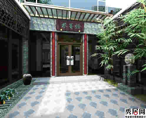 独立私立书法教室如何装修好看 书法教室进门露天走廊整体印花疮地砖造型装修图
