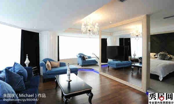 痹室兼蓝色软装沙发摆放造型设计图 美式风情卧室傅子装修效果图