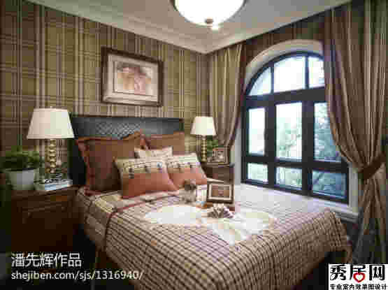 卧室深色岗纸墙面设计图 欧式风敢壁纸搭配深色圆点图案床装修图