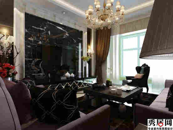 复式客厅黑色疮电视机背景墙搭配什么颜色边看 时尚褐色软装与黑色石膏板茶几搭配装修效果图