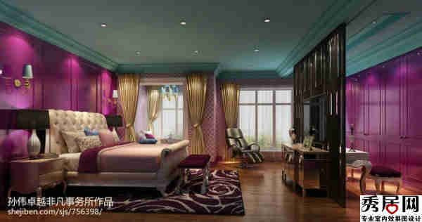 奢华白富美房间摆放梳妆台实木歌计图 美式风感房间玫红色石膏板墙面装修图