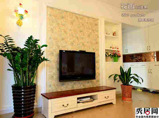 客厅浅黄色暗花电视墙造型设计图 冀中户型进门位置白色衣沟面拼接装修效果图