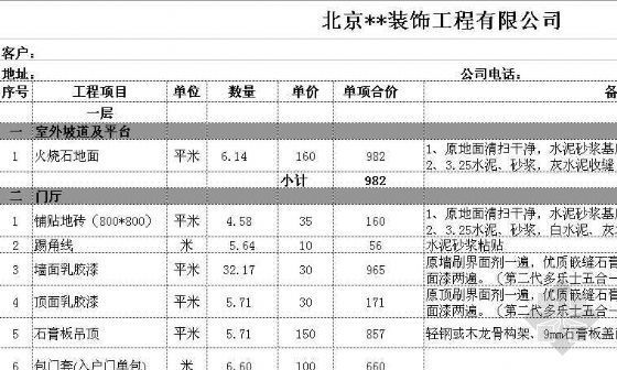 [天津]某二层别墅装修工程预算报价