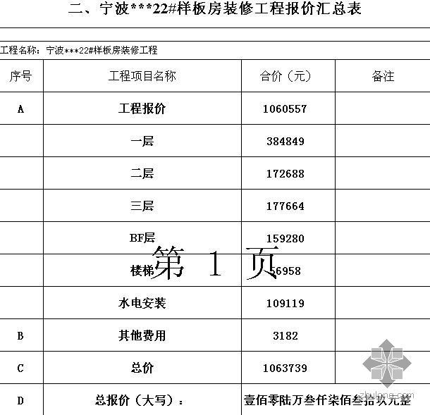 宁波某豪华别墅样板房装修工程报价书