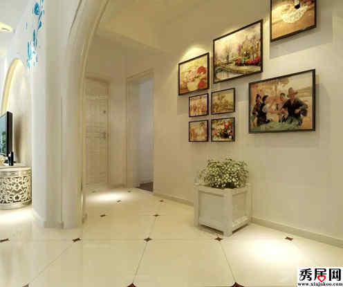 玄关背景墙赚墙效果图 美式风肝仿古地砖走廊装修图