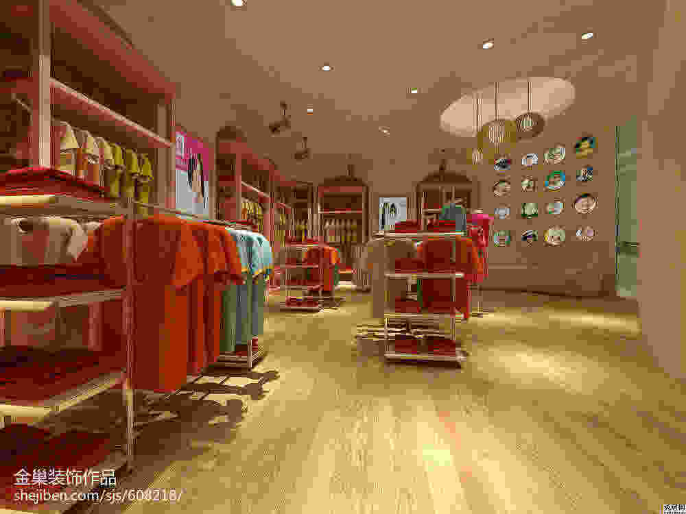 时尚女装服装店浅色实木复合地板布艺沙发照片墙 覆形人物照片墙装修图