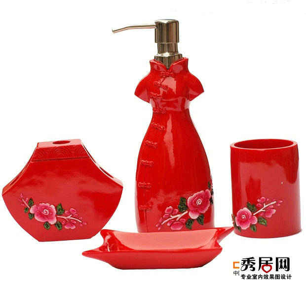 中国风卫浴套件样式设计效果图 红色旗袍掷浴套件装饰图片