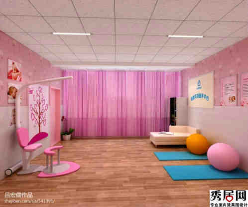 玛历医院孕妇课堂墙面搭配设计图 温馨粉色系孕妇教室摆放地毯位置装修效果图