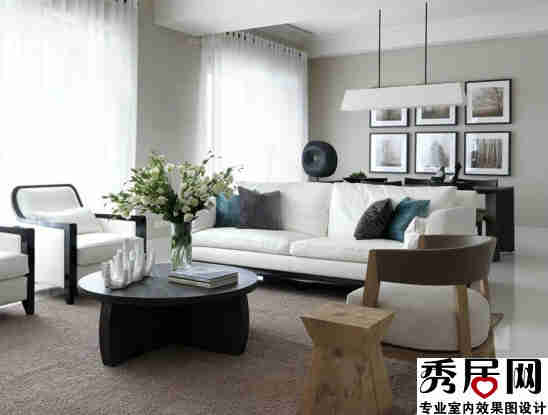 冀100平方米白色布艺软装与圆形三角桌黑色实木搭配设计图 温馨亚麻色亚麻材质地毯装修效果图