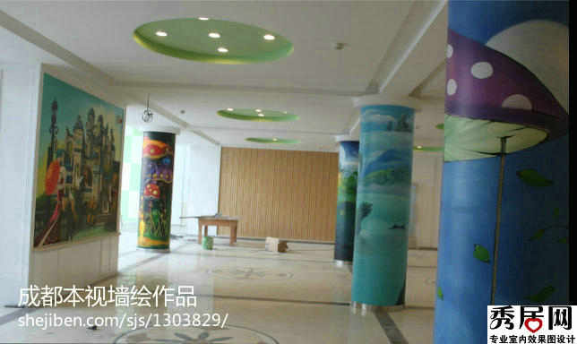 幼儿园立柱背景墙喷绘装修设计效果图 米儿园立柱喷绘装修设计效果图