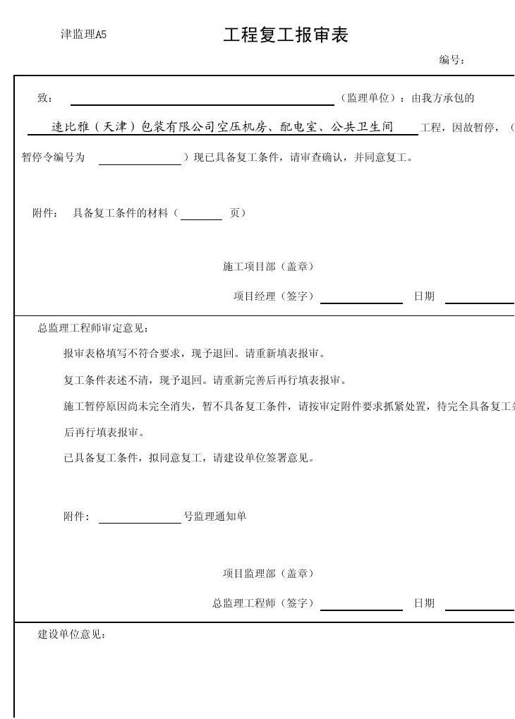 煤矿复工复产验收表_装修施工单位复工表_单位施工组织设计大全