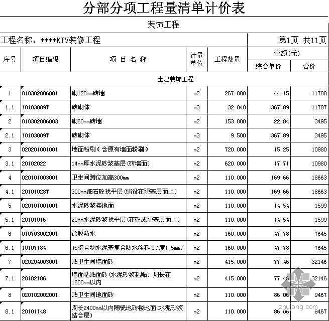 某KTV夜总会2008年10月装修工程清单预算书（含CAD图纸及软件报价表）