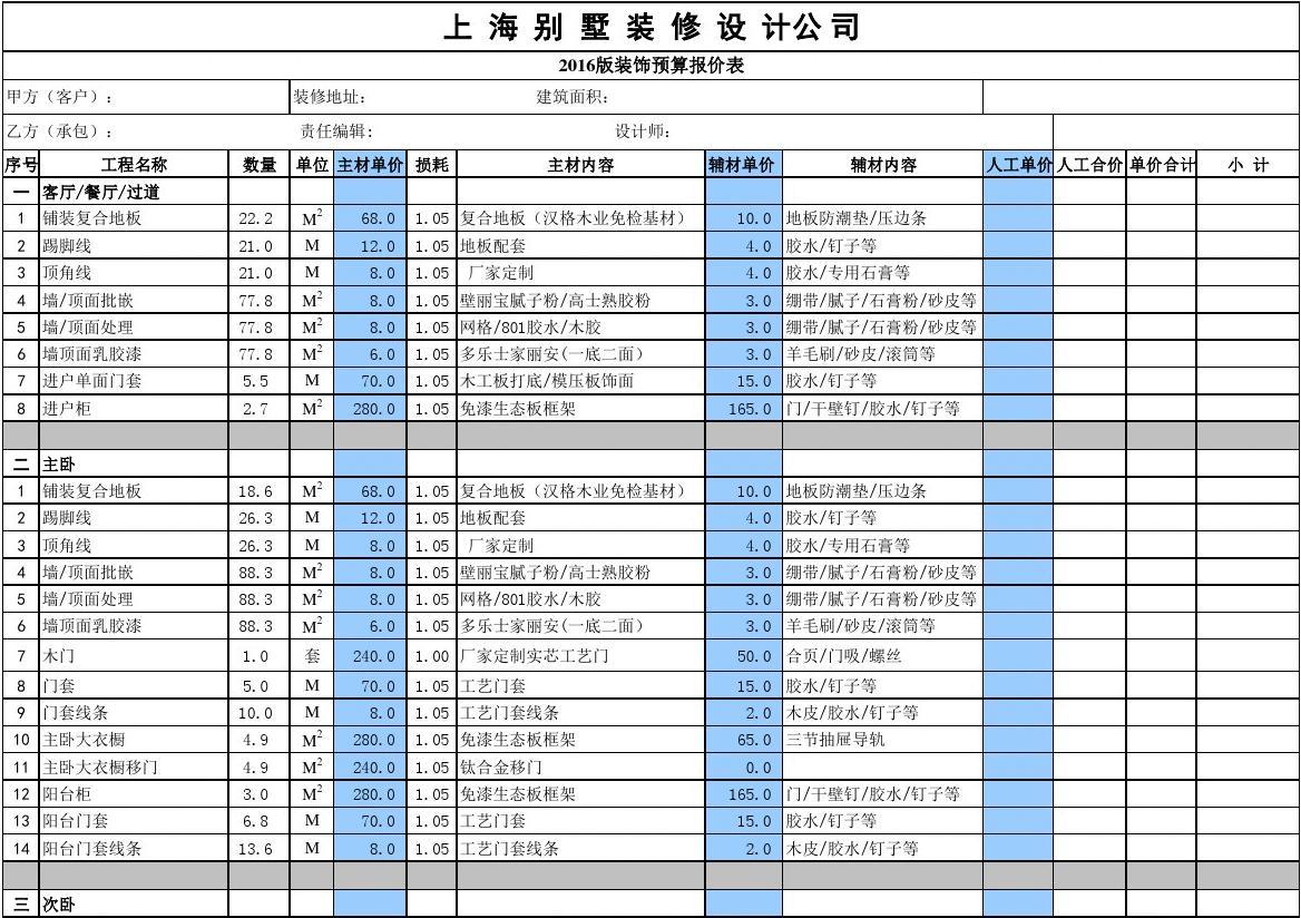 河南装修预算报价表_装修材料清单及预算_预算造价表