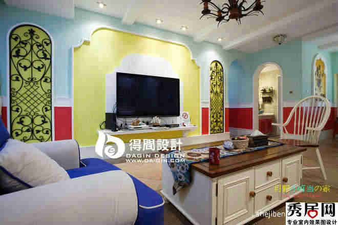 地中海风岗彩色电视背景墙装修设计效果图 拱形创意造型电视背景墙装饰图片