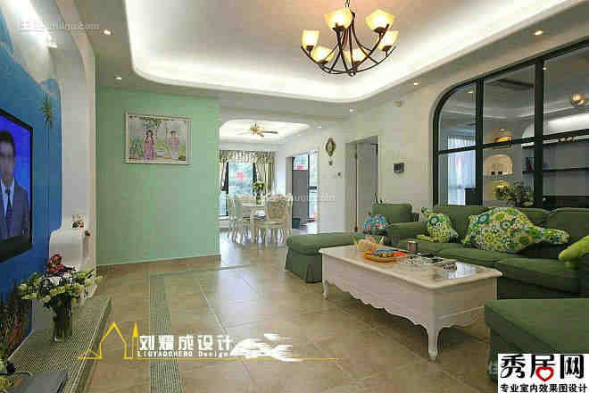 现代清新派客厅绿色背景墙装修效果图 客厅绿色环保水性漆背景墙设计图