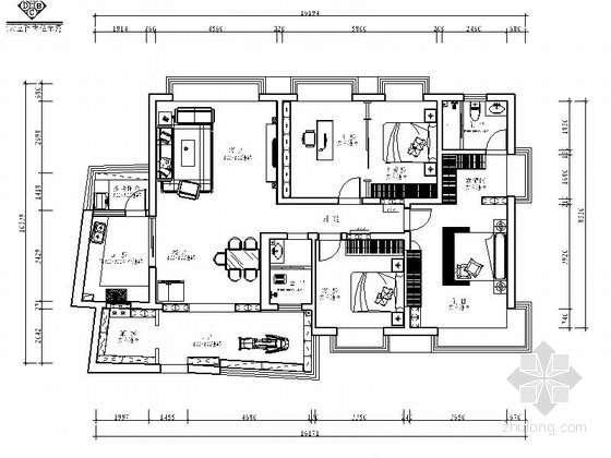 花园洋房区精品美式风格三居室装修施工图（含效果）