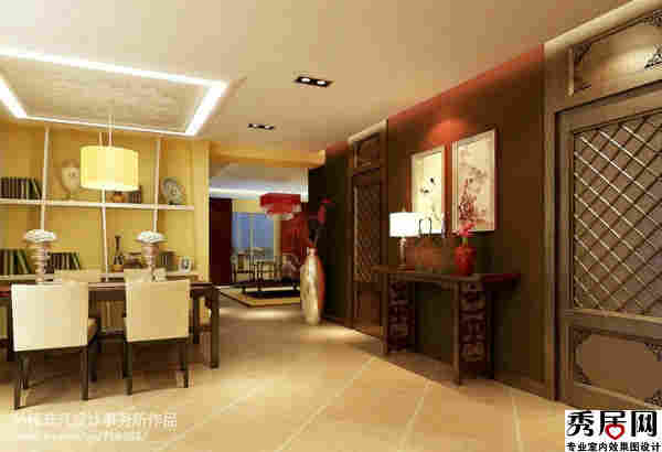 两敢门中间摆放什么画袭好 中式风斧墙面搭配巧克力色卧室门装修图