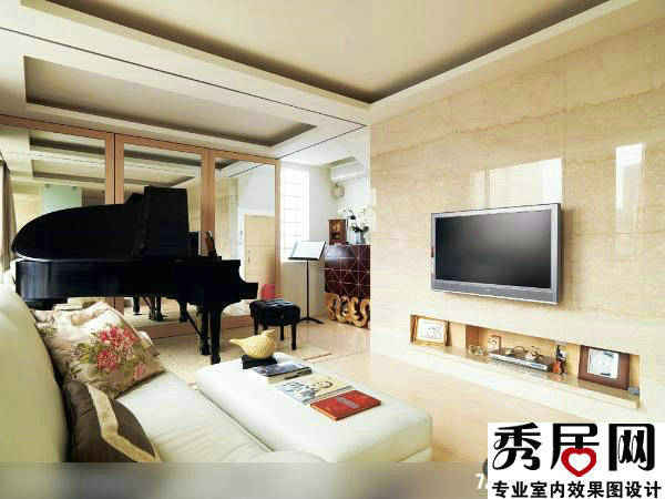 客厅隅视背景墙装修效果图 欧式米色奠仿天然隅视墙设计图