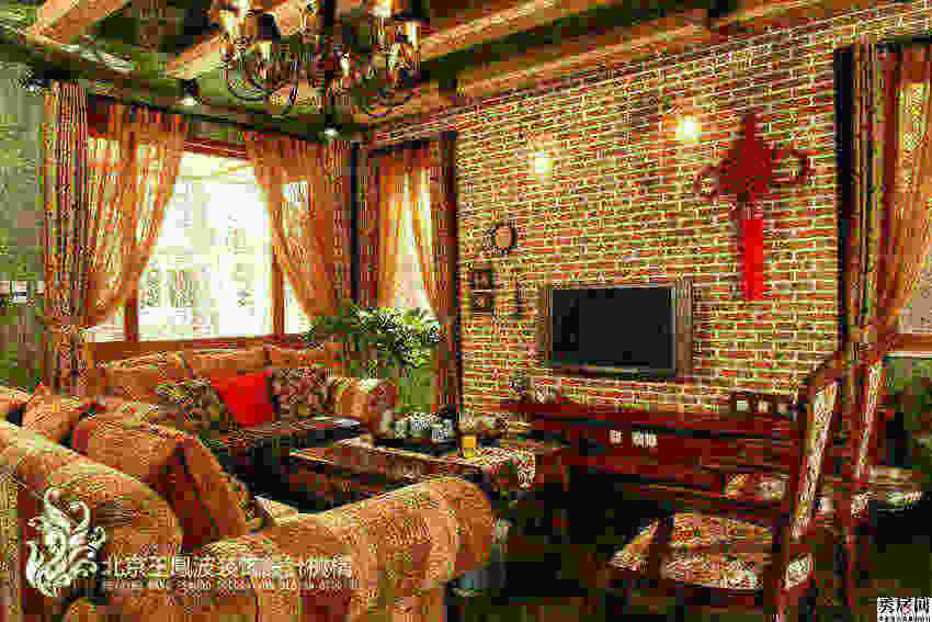 美式客厅文化砖电视背景墙装修效果图 复古风更红色文化砖电视墙设计图