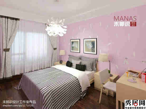 女孩卧室浅粉色银光线探造型设计图 美式风情复式儿童房原木色实木床搭配黑白色竖胎装修效果图