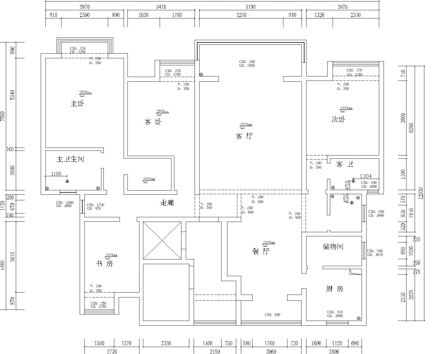 美式古典风格四居室装修施工图设计（附效果图）
