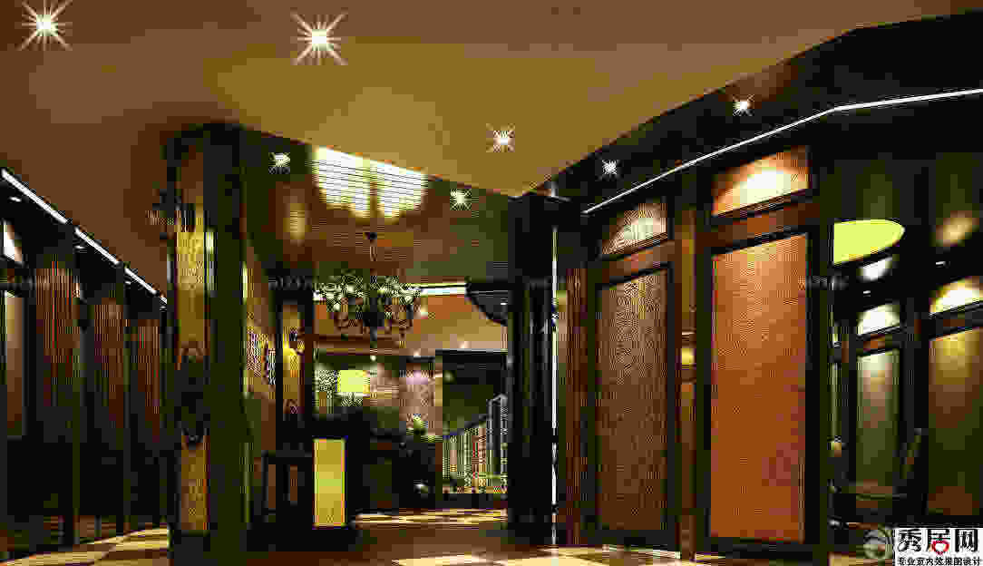 高端酒店走廊实木烫画背景墙装修效果图 酒店过道隐形木质推移门设计图