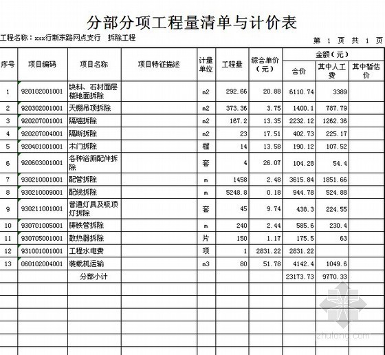 北京某银行拆除工程清单报价实例