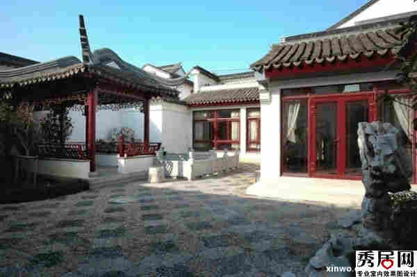中式南方园林风情古宅地面鹅卵石铺贴效果图 古代风附老庭院地面装饰效果图