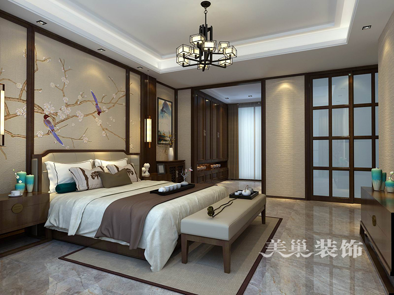 碧桂园330平别墅新中式装修效果图——卧室装修效果图