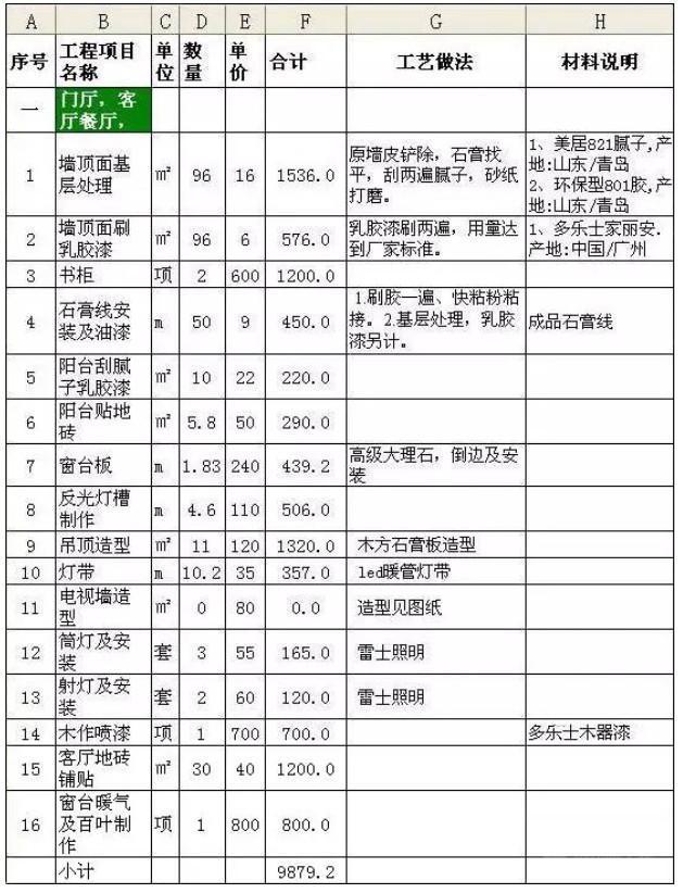 客餐厅装修报价一览表