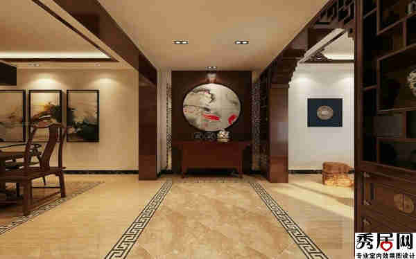 中式古典走廊尽头装饰壁画墙装修效果图 玄关多功能角蛊图片