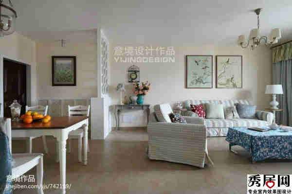 欧式田园风更布艺沙发套装效果图 奶茶色墙面漆粉刷实景照片效果图